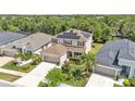 An aerial view showcasing a two-story house with solar panels, lush landscaping, and a well-manicured lawn at 9015 Spruce Creek Cir, Riverview, FL 33578