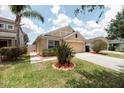 Landscaped front yard with healthy green grass, mature palms and shrubs, framed by a brick border at 12654 Belcroft Dr, Riverview, FL 33579