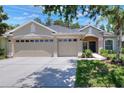 Attractive single-level home featuring a three-car garage, lush landscaping, and a welcoming front door at 1233 Emerald Hill Way, Valrico, FL 33594