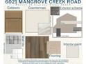 A collection of paint and material samples show the exterior and interior finish color scheme at 6021 Mangrove Creek Rd, Wimauma, FL 33598