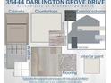Display of interior and exterior design elements including cabinetry, countertops, flooring, and wall and exterior paint scheme at 35444 Darlington Grove Dr, Zephyrhills, FL 33541