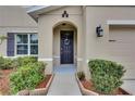 Close-up of the front door with a decorative wreath and manicured landscaping at 503 Arbequina Ct, Plant City, FL 33566