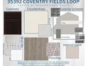 Materials selection board showing cabinets, countertops, flooring, tile, paint, and exterior at 35392 Coventry Fields Loop, Zephyrhills, FL 33541