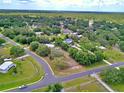 Wide aerial shot showcases the home's location on a spacious lot with mature trees in a serene neighborhood at 12410 Myrtlewood Dr, Riverview, FL 33579