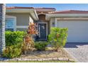 Landscaped front yard with tropical plants and a paved driveway at 19348 Yellowtail Ct, Venice, FL 34292