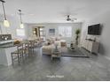 Open-concept living space featuring neutral-toned furnishings, tile flooring, and a kitchen with bar seating at 2501 Sherman Oak Dr, North Port, FL 34289