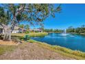 Picturesque backyard view of home along the tranquil lake with fountain at 1022 Yosemite Dr, Englewood, FL 34223