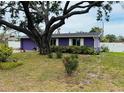 Purple exterior home with a well-manicured lawn, mature trees and a spacious driveway at 1460 Everest Rd, Venice, FL 34293