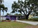 Purple exterior home with a well-manicured lawn, mature trees and a spacious driveway at 1460 Everest Rd, Venice, FL 34293