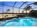 Gorgeous screened-in pool with a view of the lake and tropical landscaping at sunset at 109 Montelluna Dr, North Venice, FL 34275