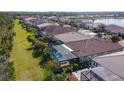 Backyard aerial view of multiple homes with swimming pools and lush green lawns at 11700 Tapestry Ln, Venice, FL 34293