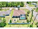 Aerial view of a home with a backyard featuring a screened pool and privacy fence at 1510 Haffenberg Ave, North Port, FL 34288