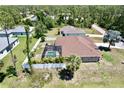 Aerial view of a home with a backyard featuring a screened pool and privacy fence at 1510 Haffenberg Ave, North Port, FL 34288