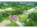 Aerial view of a single-Gathering home with a brick driveway on a large lot at 431 Sevilla St, North Port, FL 34287