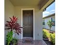 Welcoming front door with a stylish doormat and beautiful potted plant decorations at 13731 Vadini St, Venice, FL 34293