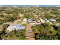 Wide aerial shot of a residential area with single Gathering homes, green trees, and a community pool in the backyard at 429 Riviera St, Venice, FL 34285