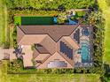 Aerial view showcasing a private backyard with pool, putting green, and lush landscaping at 329 Myrtle Ave, Nokomis, FL 34275