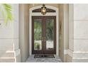 Elegant double front doors with decorative glass, flanked by stone columns, create a grand entrance to the home at 5850 Saddle Oak Trl, Sarasota, FL 34241