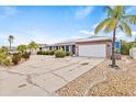 Well-maintained one-story home with a brick exterior, lush landscaping, and a large driveway leading to a two-car garage at 731 Flamingo Dr, Apollo Beach, FL 33572