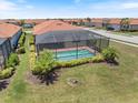 Backyard view of the screened-in pool and patio, surrounded by manicured landscaping at 10209 Fiddlewood Dr, Venice, FL 34293