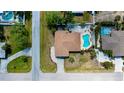 Aerial view of a single-Gathering home with a private pool and well-maintained landscaping at 1203 Hudson Rd, Venice, FL 34293