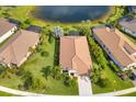Aerial shot showcasing lush backyard landscaping, screened-in patios, and a tranquil pond at 213 Malina Ct, Nokomis, FL 34275
