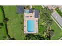 Aerial view of a large community pool surrounded by lush landscaping and lounge chairs at 9528 Knightsbridge Cir, Sarasota, FL 34238