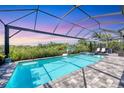 Screened-in pool and spa with seating and lush landscaping, offering a relaxing backyard retreat at 8245 Grande Shores Dr, Sarasota, FL 34240