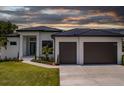 Modern home with a two car garage, and a landscaped front yard at 24194 Peppercorn Rd, Punta Gorda, FL 33955