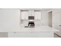 Modern kitchen with white cabinets, large island, and stainless steel appliances at 113 Whiteland Bnd, Nokomis, FL 34275