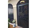 Close up view of the black metal decorative security door and a decorative statue beside the door at 10088 Cozy Grove Dr, Venice, FL 34293