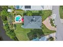 Aerial top-down view showcasing a home with a backyard pool and lush green landscaping at 505 Sally Lee Dr, Ellenton, FL 34222
