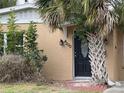 A closer view of the front entrance features a decorative door, house number, and well-kept landscaping at 4200 Huntington Ne St, St Petersburg, FL 33703