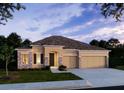 Single-story home showcasing modern design with stone accents and a spacious two-car garage at 9995 Dolphin Gull Cir, Thonotosassa, FL 33592