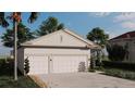 Side view of a single-story home showcasing a spacious two-car garage and well-maintained landscaping at 151 April Rd, Rotonda West, FL 33947
