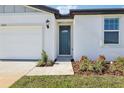 Home exterior featuring a teal front door, green plants, black lantern-style light, and a white garage door at 31632 Malbec Dr, Brooksville, FL 34602