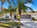 Lovely one-story home featuring a well-maintained lawn, palm trees, and a screened-in garage at 1110 Mcdaniel St # 1110, Sun City Center, FL 33573