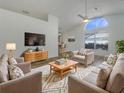 Bright, open living area with high ceilings, modern furniture, and a decorative rug at 3527 65Th Avenue E Cir, Sarasota, FL 34243