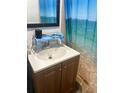 Cozy bathroom featuring a single vanity with storage and a shower with a themed curtain at 744 Myrtle Ave, Venice, FL 34285