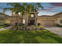 Elegant two-story home featuring a three-car garage, manicured lawn, and vibrant tropical landscaping at 2709 Coco Palm Cir, Wesley Chapel, FL 33543