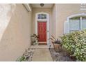 Close-up of the inviting red front door, flanked by plants, and a window above the doorway at 13004 Waterbourne Dr, Gibsonton, FL 33534