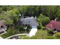 An aerial view showcasing a traditional home, expansive backyard, screened pool, and lush surrounding greenery at 5701 Ainsworth W Ct, Tampa, FL 33647