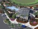 An aerial view showcases the community's resort-style pool, clubhouse, and lush tropical landscaping at 14106 Crutchfield Ct, Parrish, FL 34219