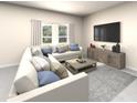 Comfortable living room with sectional sofa, modern decor, and large windows at 31596 Wild Grape Ln, Brooksville, FL 34602