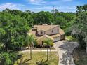 Aerial view of the home featuring a long driveway and front yard palm trees at 20003 Holly Lake Pl, Lutz, FL 33558