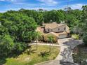 A beautiful aerial view showcases the home among mature trees and a long driveway at 20003 Holly Lake Pl, Lutz, FL 33558