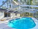 Inviting screened-in pool featuring tile trim and steel ladder at 21940 Dupree Dr, Land O Lakes, FL 34639