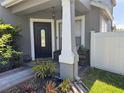 Inviting front porch with a black door, stylish plants, and decorative features at 3721 Heron Island Dr, New Port Richey, FL 34655