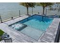 Luxurious pool and jacuzzi with sleek tile surround, complemented by elegant landscaping and open water view at 3310 Sunset N Dr, St Petersburg, FL 33710