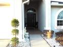 Inviting front entrance with a landscaped walkway and an arched doorway at 30643 Tremont Dr, Wesley Chapel, FL 33543